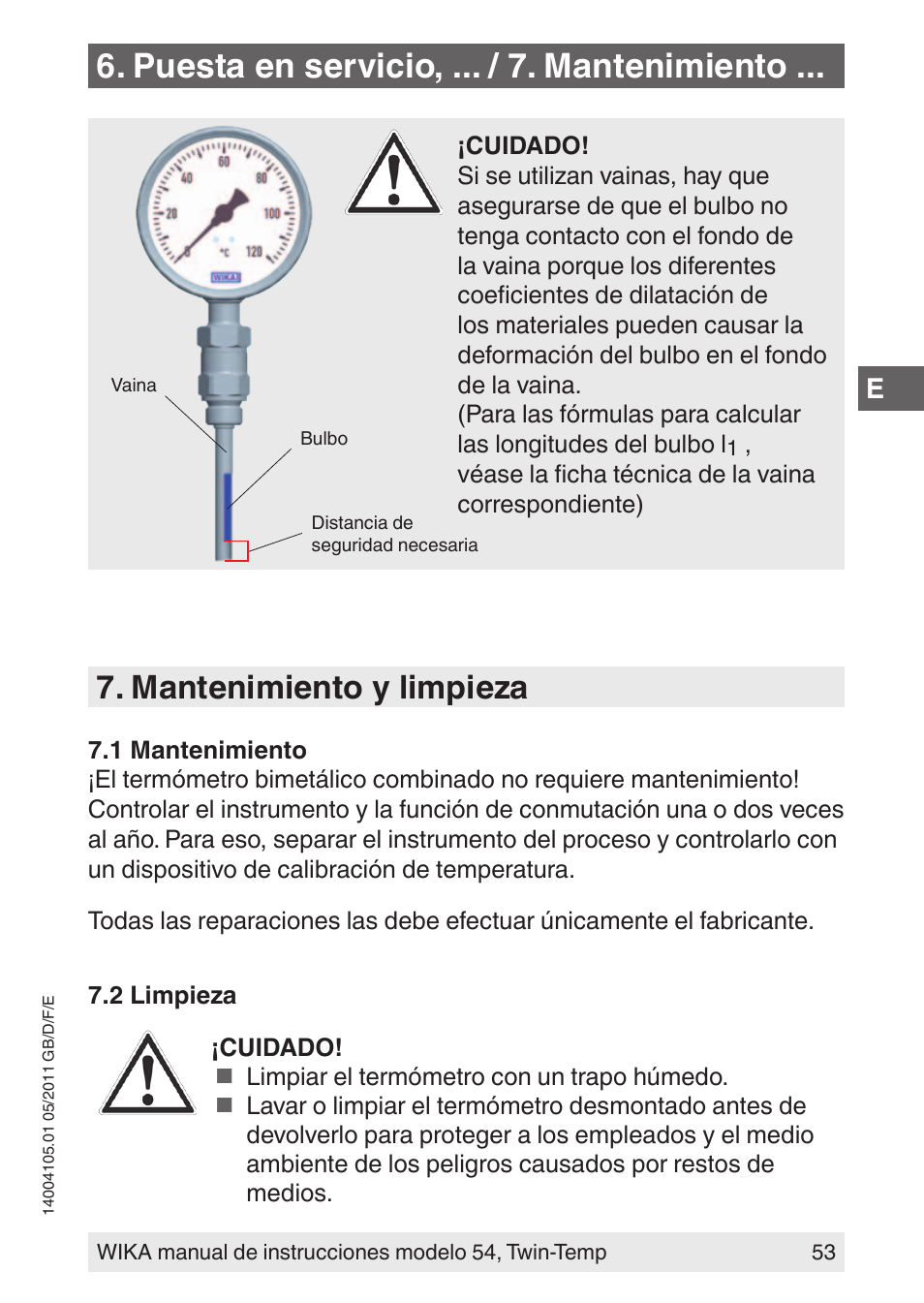 Puesta en servicio, ... / 7. mantenimiento, Mantenimiento y limpieza | WIKA 54_twintemp User Manual | Page 53 / 60