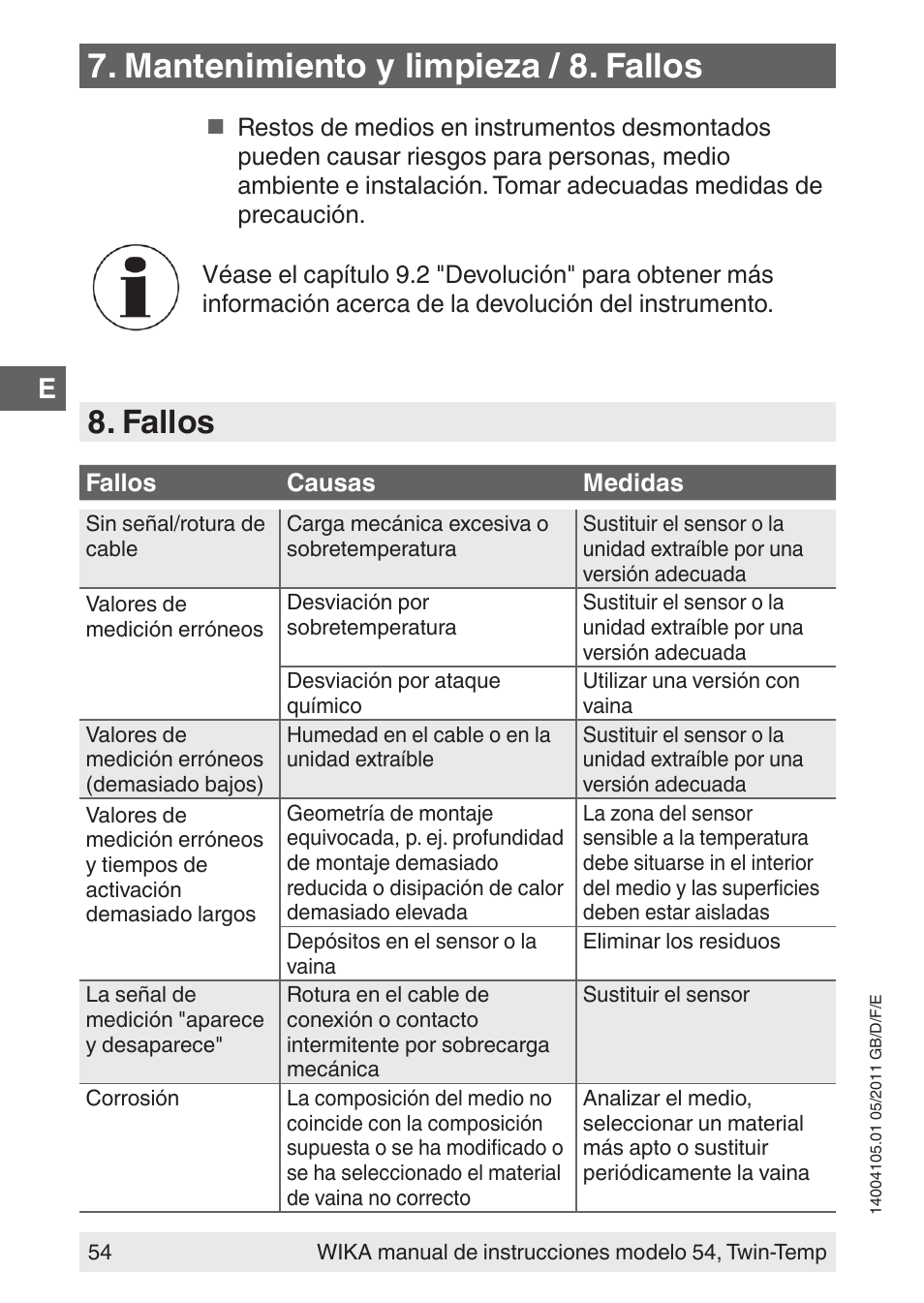 Mantenimiento y limpieza / 8. fallos, Fallos | WIKA 54_twintemp User Manual | Page 54 / 60