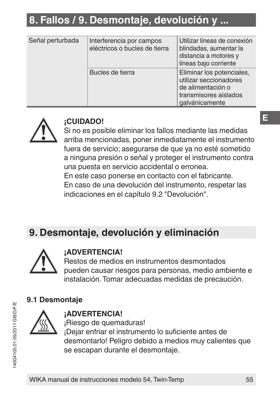 Fallos / 9. desmontaje, devolución y, Desmontaje, devolución y eliminación | WIKA 54_twintemp User Manual | Page 55 / 60