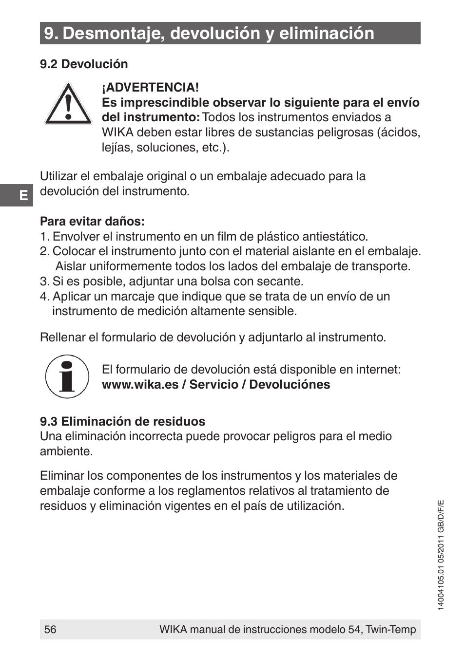 Desmontaje, devolución y eliminación | WIKA 54_twintemp User Manual | Page 56 / 60