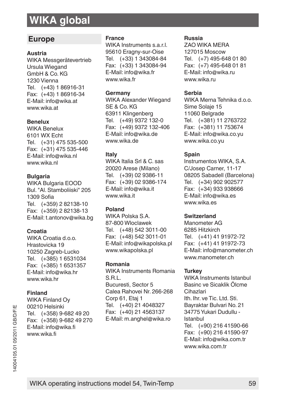 Wika global, Europe | WIKA 54_twintemp User Manual | Page 59 / 60