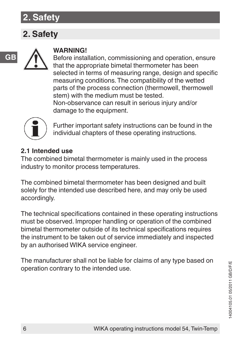 Safety | WIKA 54_twintemp User Manual | Page 6 / 60