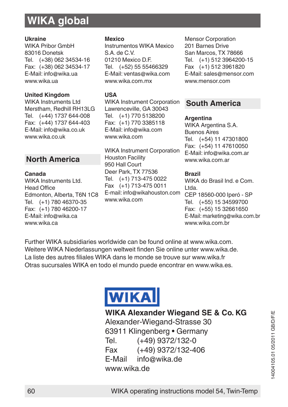 Wika global, North america, South america | WIKA 54_twintemp User Manual | Page 60 / 60