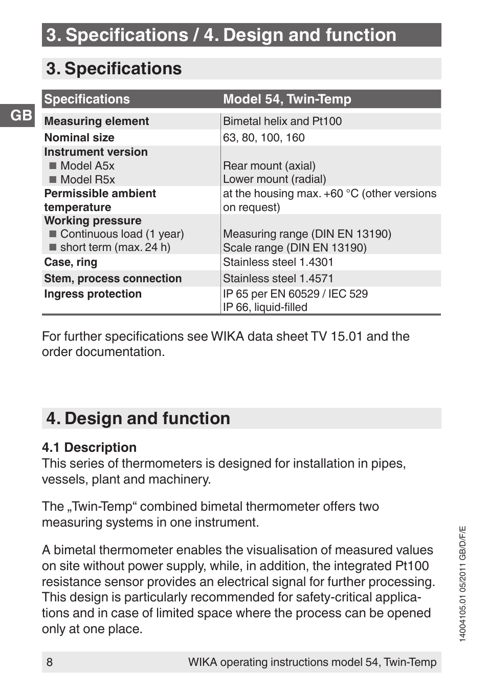 Specifications / 4. design and function, Specifications, Design and function | WIKA 54_twintemp User Manual | Page 8 / 60