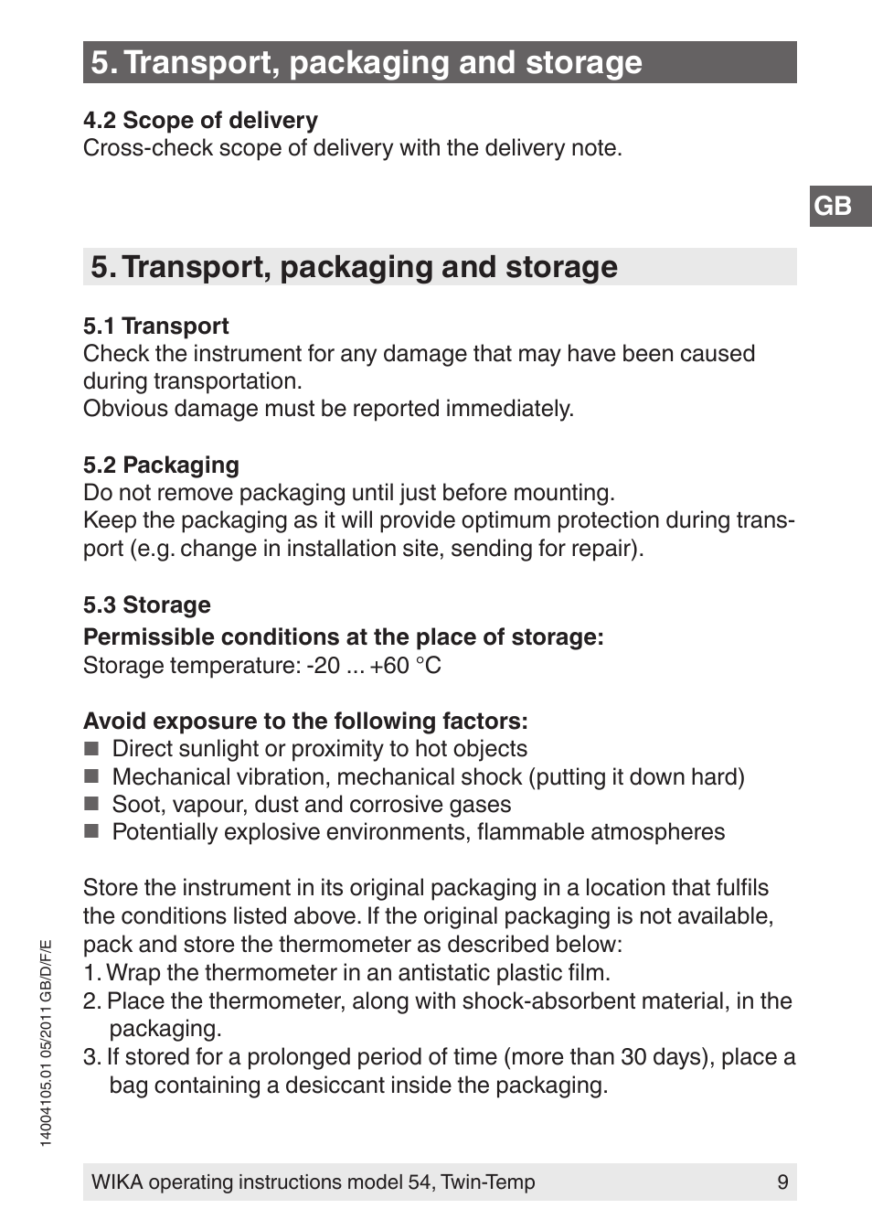 Transport, packaging and storage | WIKA 54_twintemp User Manual | Page 9 / 60