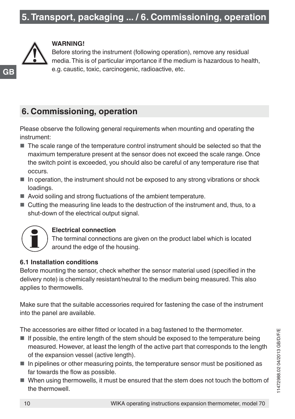 Commissioning, operation | WIKA 70-8xx User Manual | Page 10 / 60