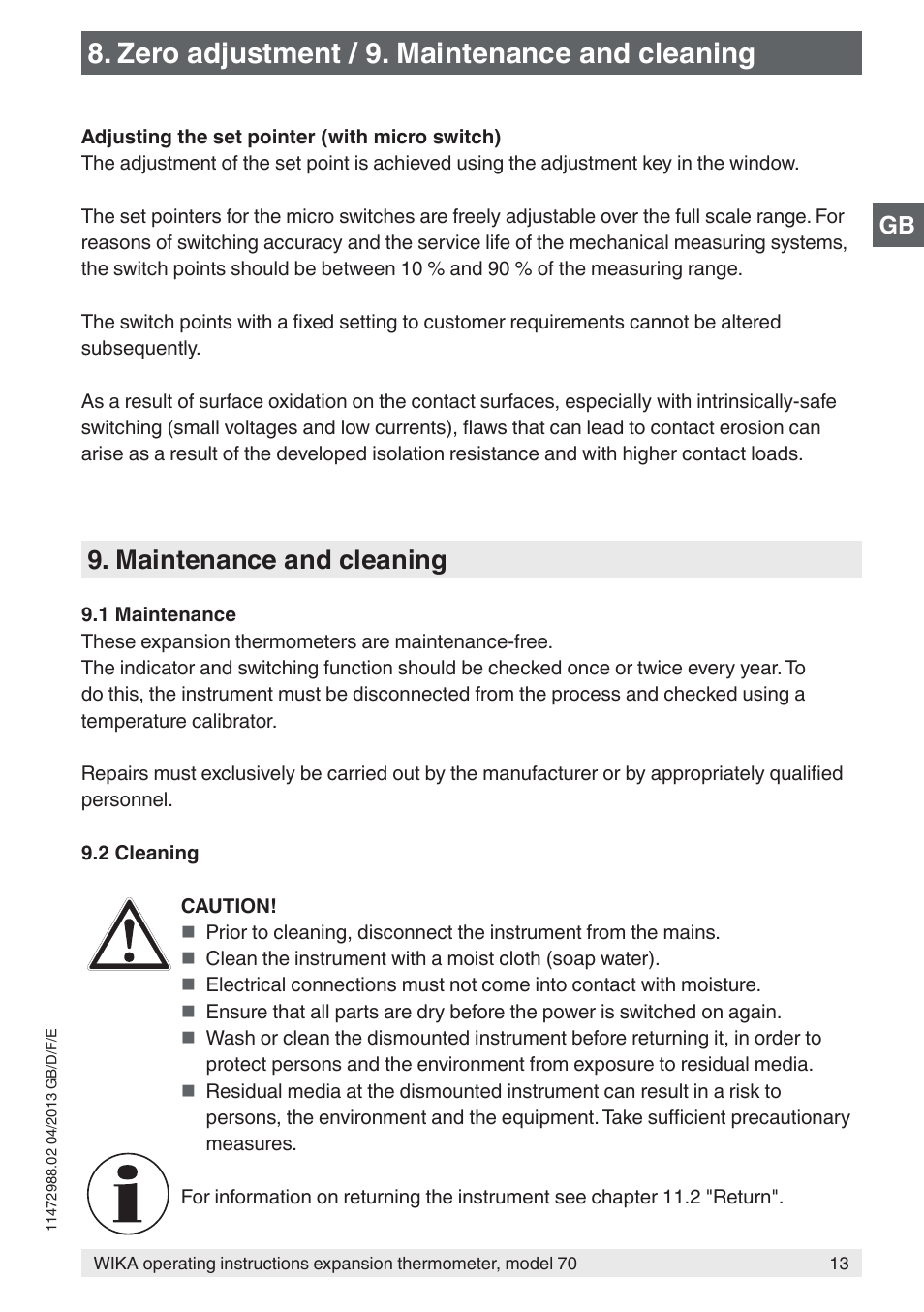 Zero adjustment / 9. maintenance and cleaning, Maintenance and cleaning | WIKA 70-8xx User Manual | Page 13 / 60