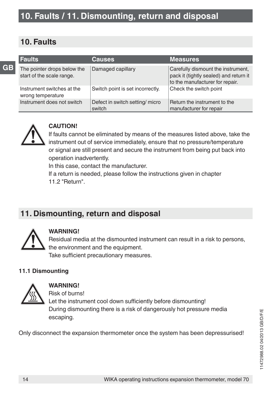 Faults / 11. dismounting, return and disposal, Faults, Dismounting, return and disposal | WIKA 70-8xx User Manual | Page 14 / 60