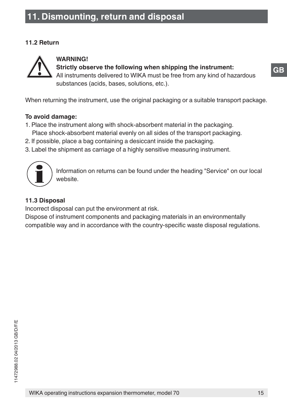 Dismounting, return and disposal | WIKA 70-8xx User Manual | Page 15 / 60