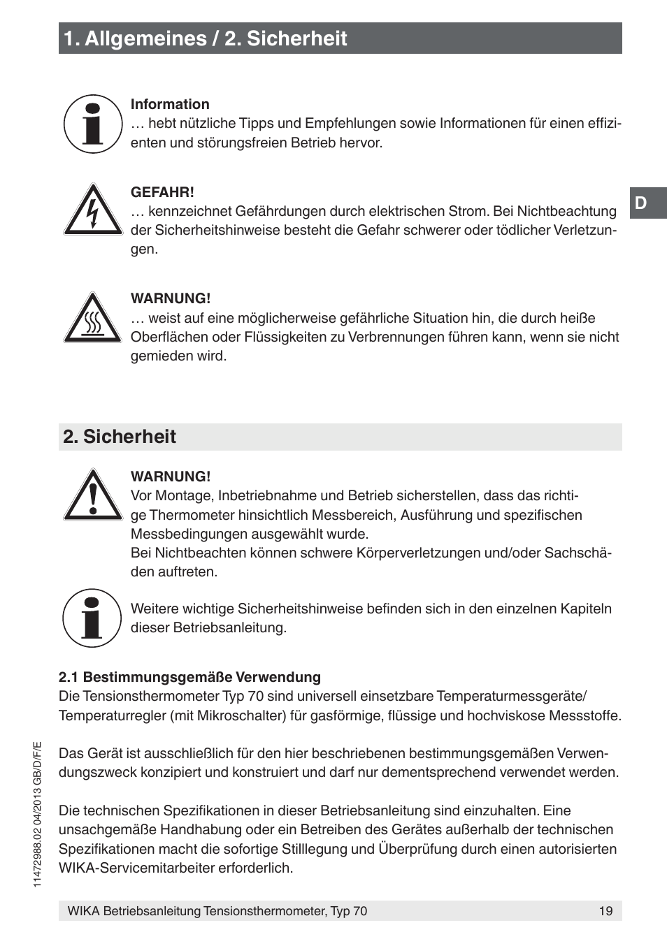 Allgemeines / 2. sicherheit, Sicherheit | WIKA 70-8xx User Manual | Page 19 / 60