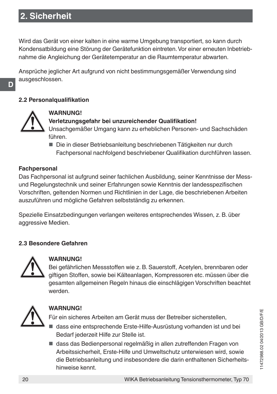 Sicherheit | WIKA 70-8xx User Manual | Page 20 / 60