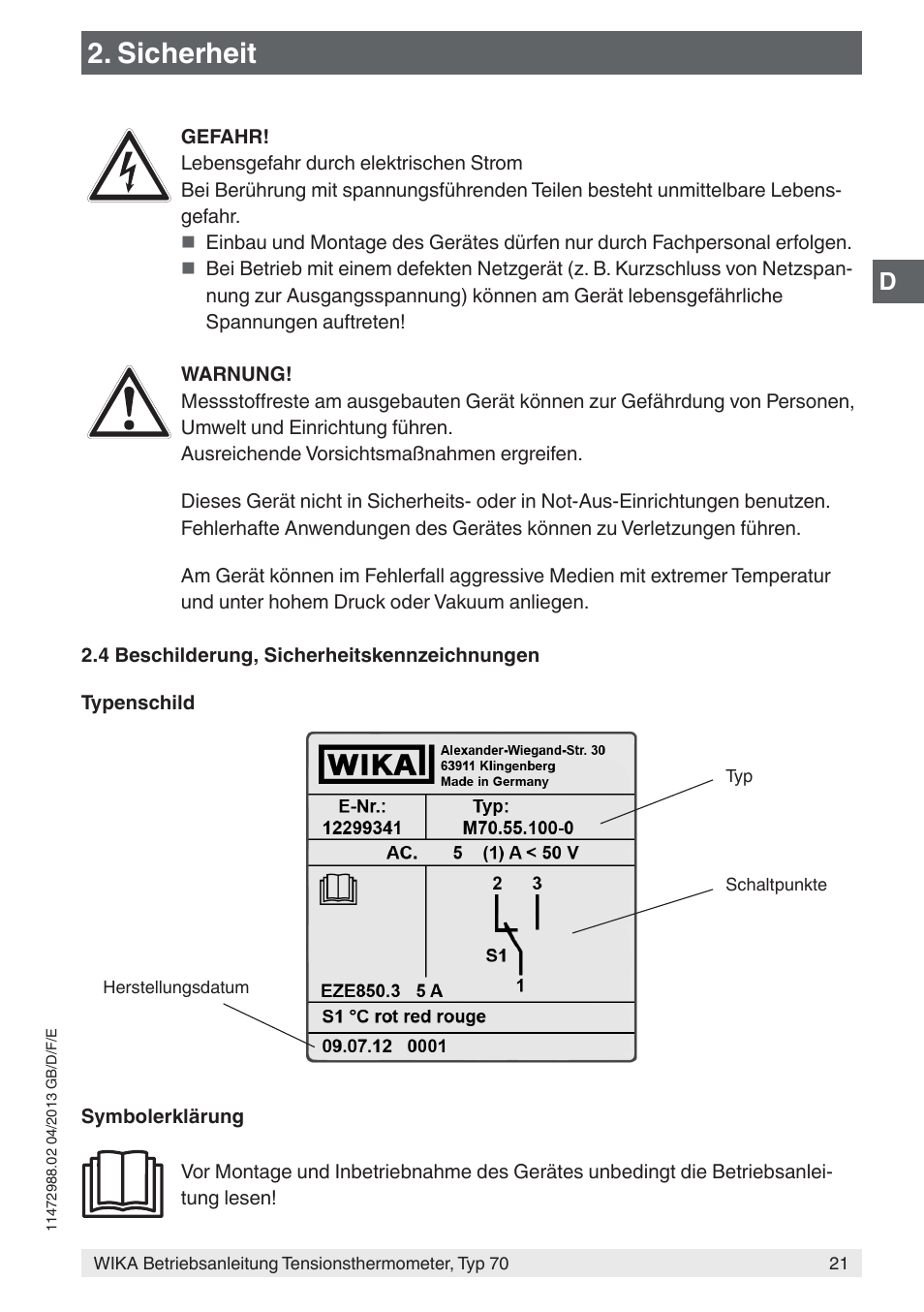 Sicherheit | WIKA 70-8xx User Manual | Page 21 / 60