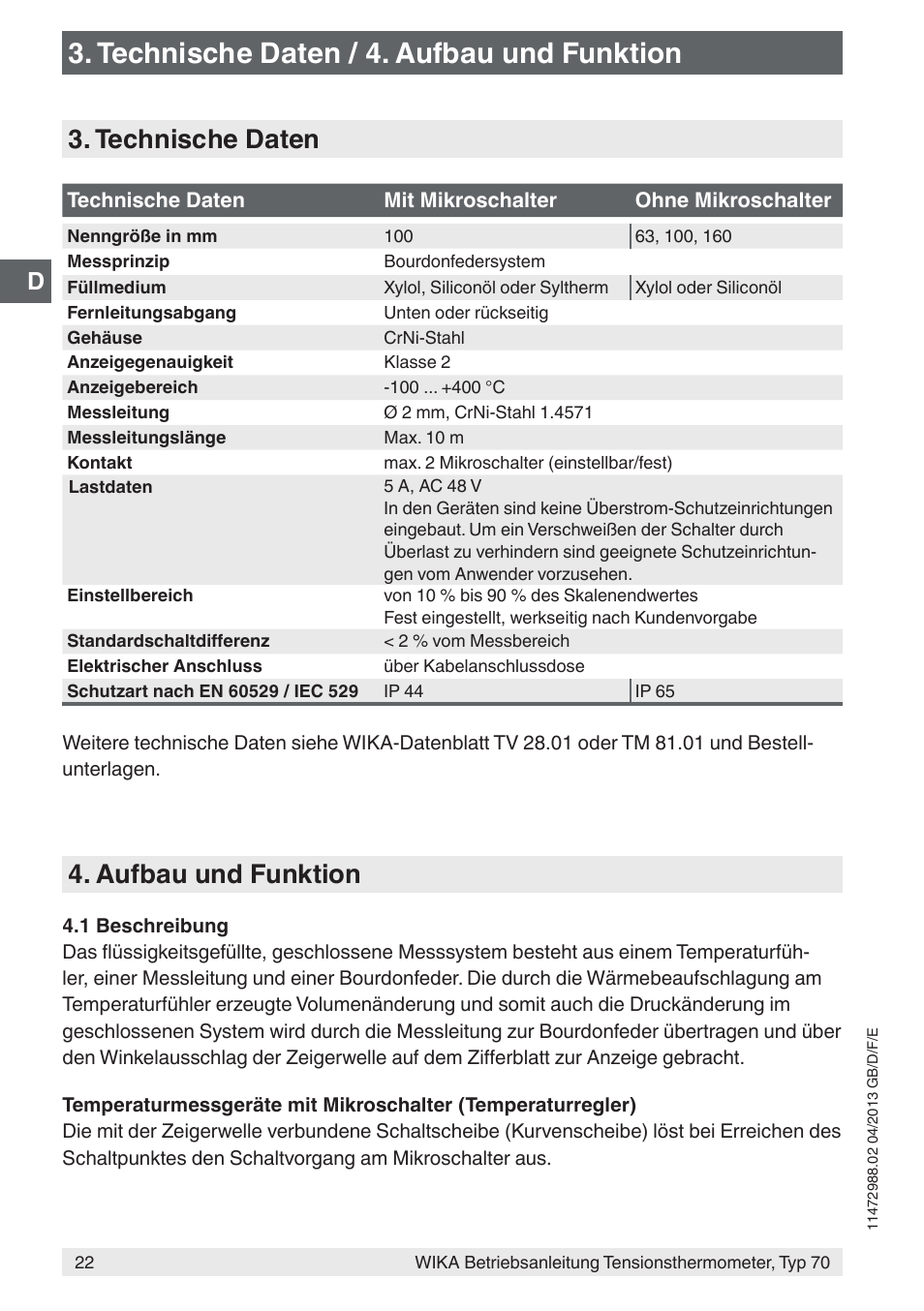 Technische daten / 4. aufbau und funktion, Technische daten, Aufbau und funktion | WIKA 70-8xx User Manual | Page 22 / 60