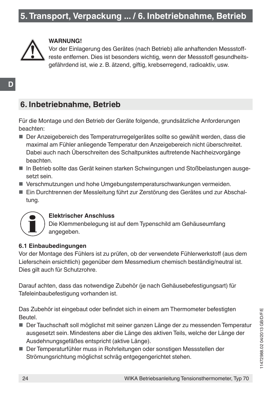 Inbetriebnahme, betrieb | WIKA 70-8xx User Manual | Page 24 / 60