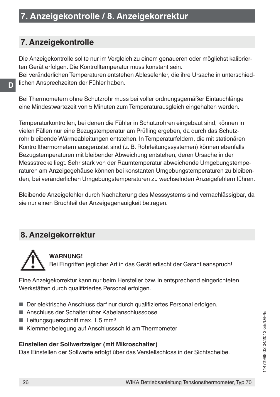 Anzeigekontrolle / 8. anzeigekorrektur, Anzeigekontrolle, Anzeigekorrektur | WIKA 70-8xx User Manual | Page 26 / 60