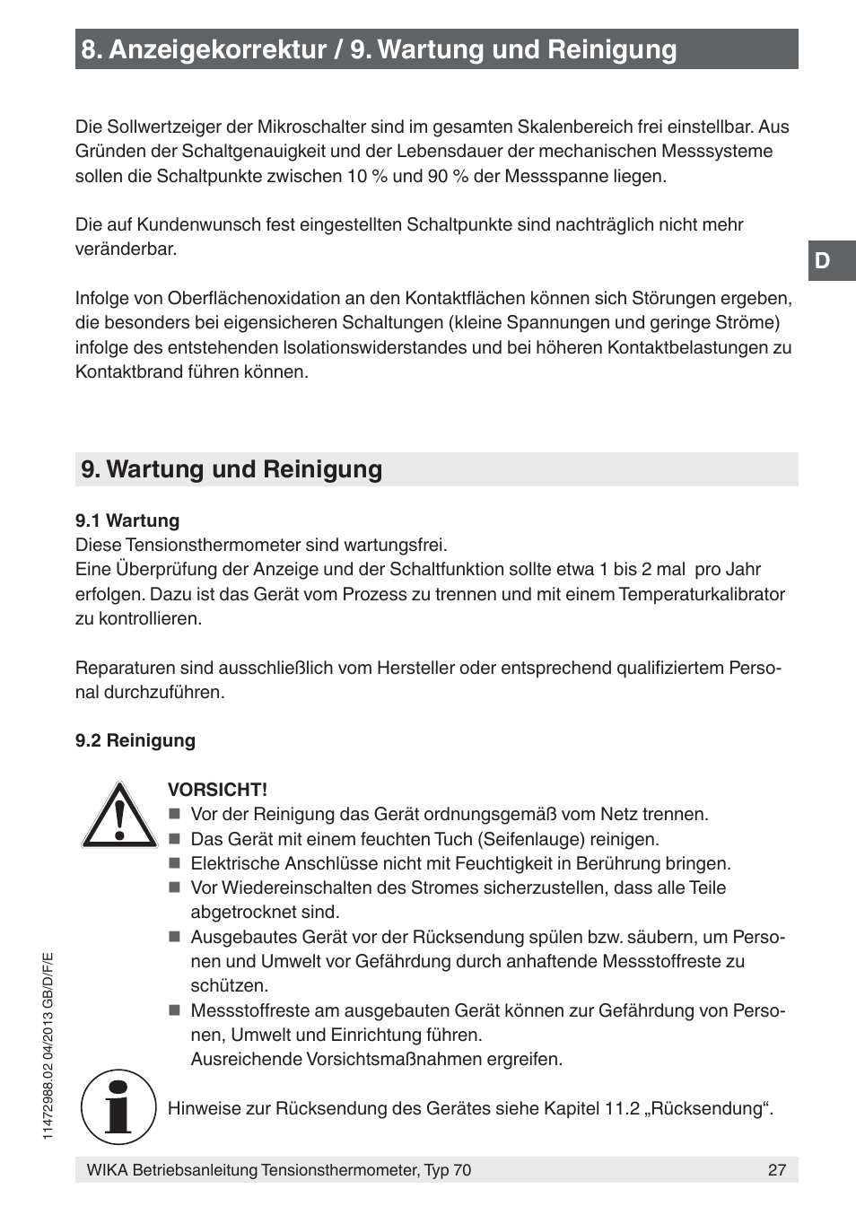 Anzeigekorrektur / 9. wartung und reinigung, Wartung und reinigung | WIKA 70-8xx User Manual | Page 27 / 60