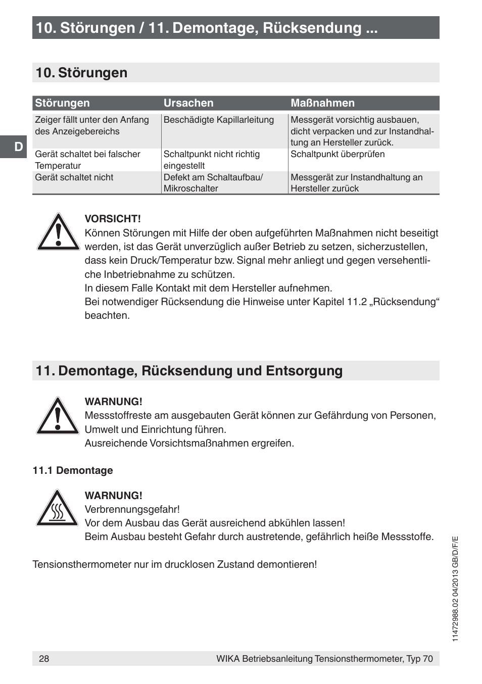 Störungen / 11. demontage, rücksendung, Störungen, Demontage, rücksendung und entsorgung | WIKA 70-8xx User Manual | Page 28 / 60