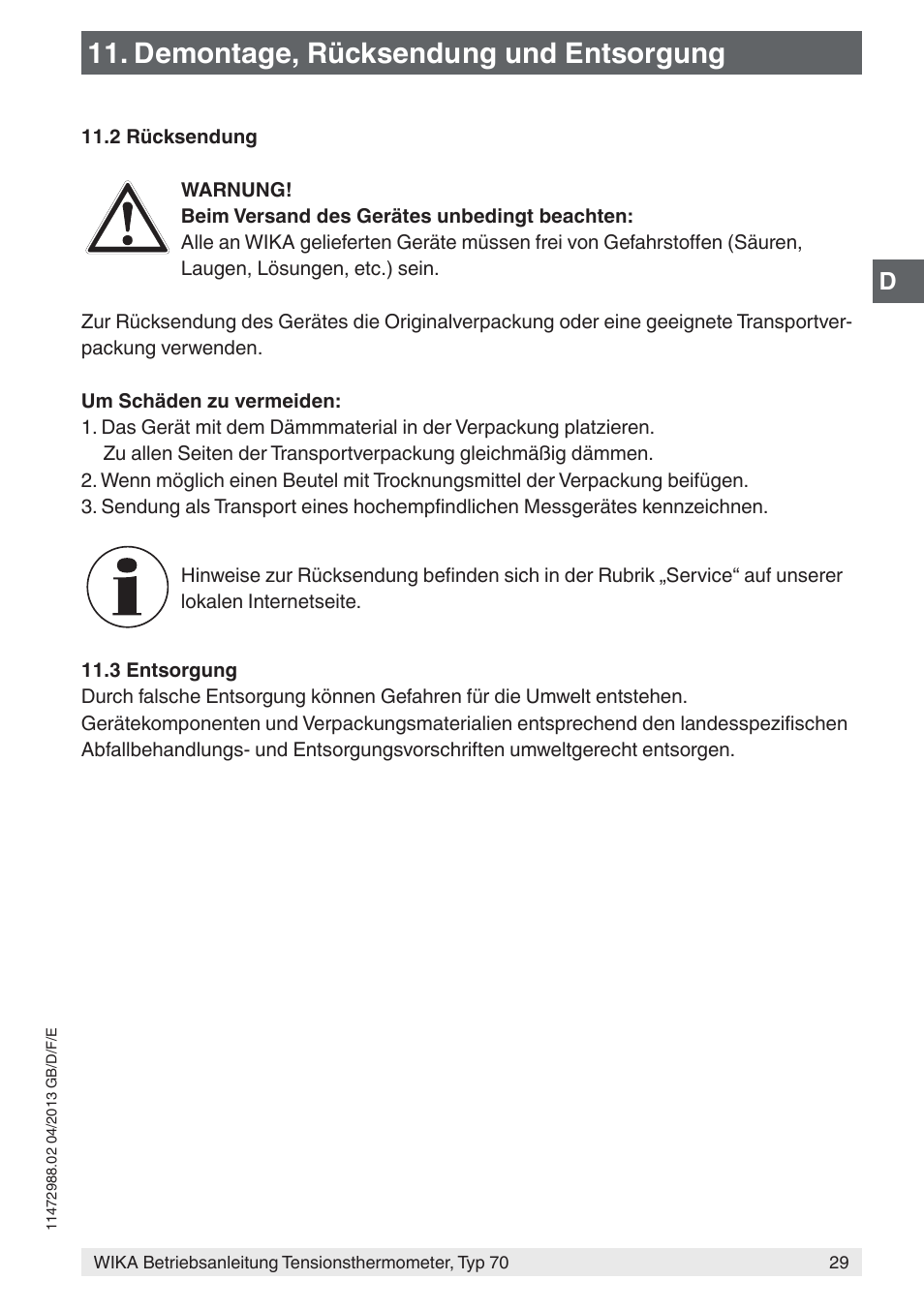 Demontage, rücksendung und entsorgung | WIKA 70-8xx User Manual | Page 29 / 60