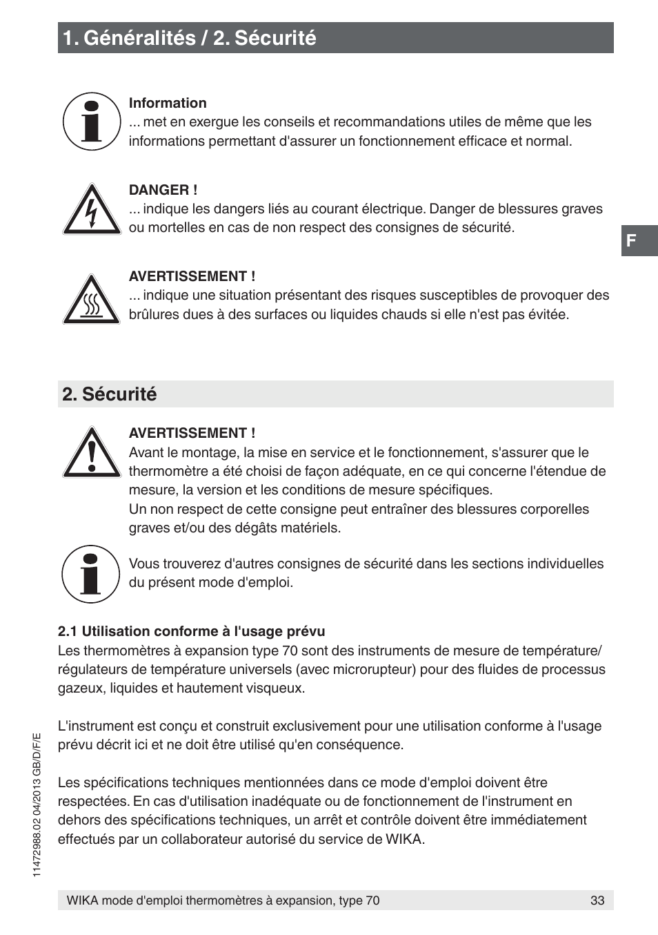 Généralités / 2. sécurité, Sécurité | WIKA 70-8xx User Manual | Page 33 / 60