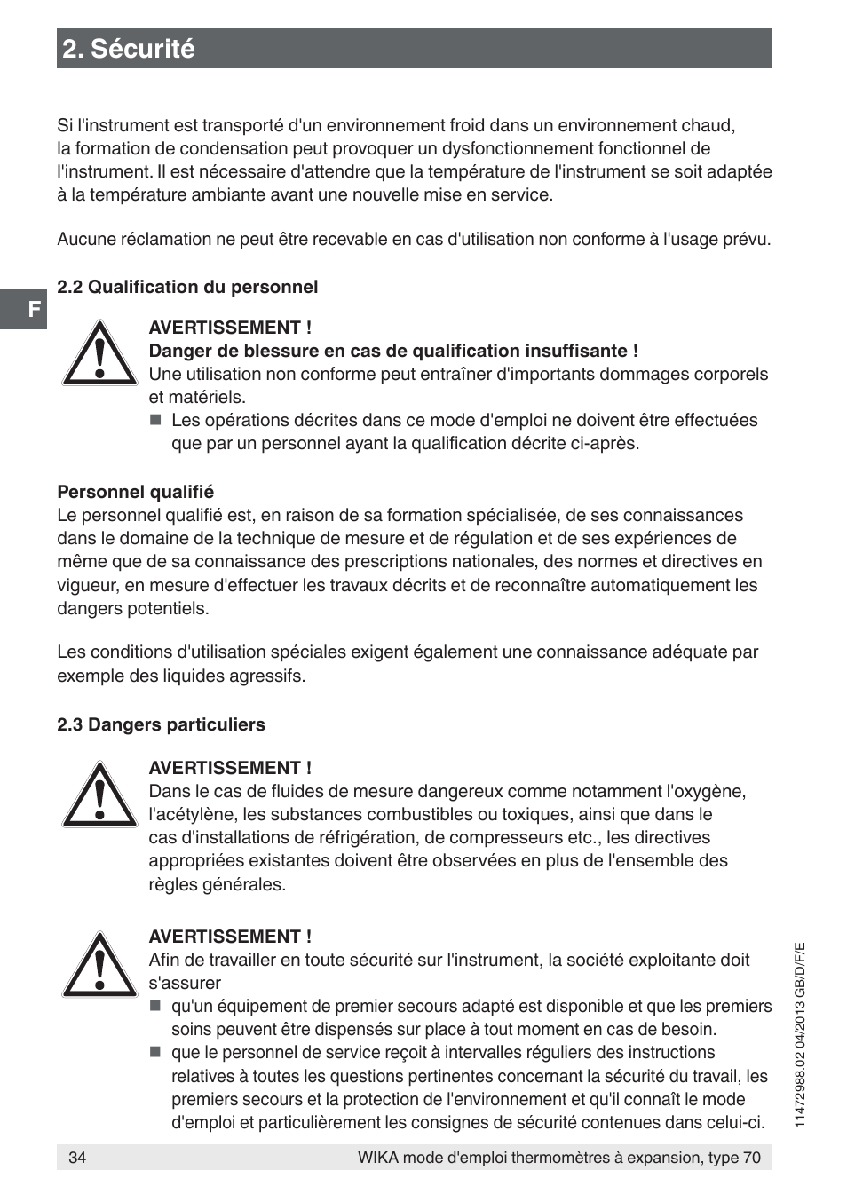 Sécurité | WIKA 70-8xx User Manual | Page 34 / 60