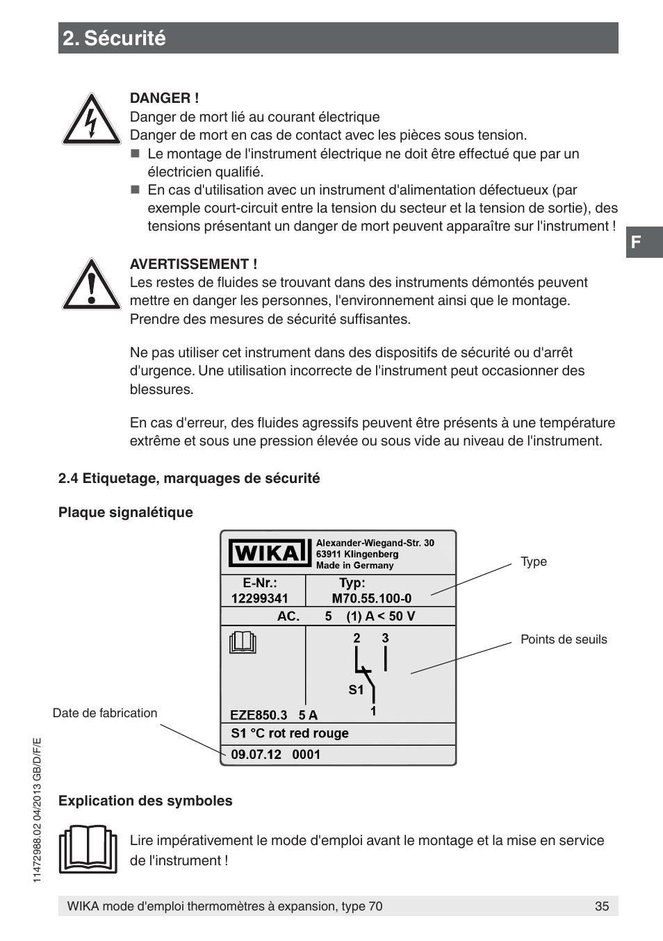 Sécurité | WIKA 70-8xx User Manual | Page 35 / 60