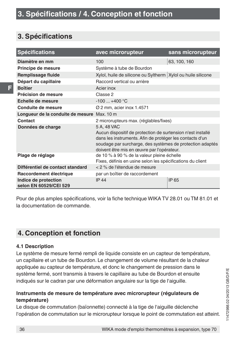 Spécifications / 4. conception et fonction, Spécifications, Conception et fonction | WIKA 70-8xx User Manual | Page 36 / 60