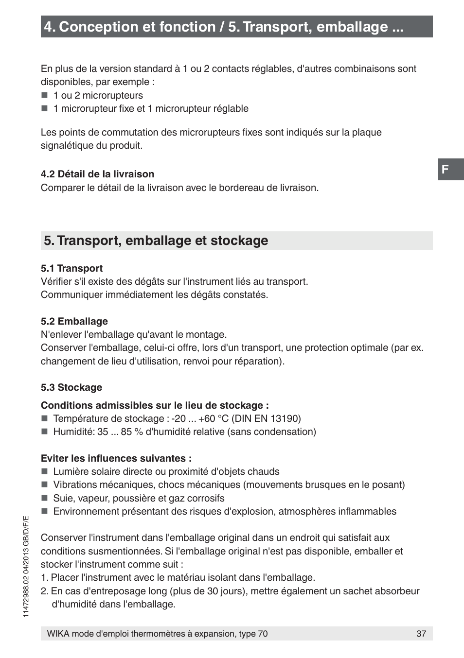 Conception et fonction / 5. transport, emballage, Transport, emballage et stockage | WIKA 70-8xx User Manual | Page 37 / 60