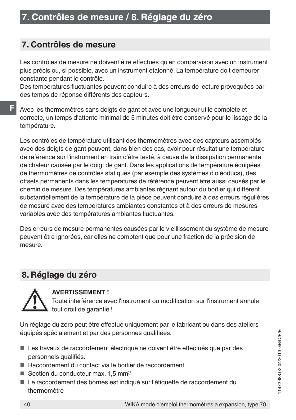 Contrôles de mesure / 8. réglage du zéro, Contrôles de mesure, Réglage du zéro | WIKA 70-8xx User Manual | Page 40 / 60