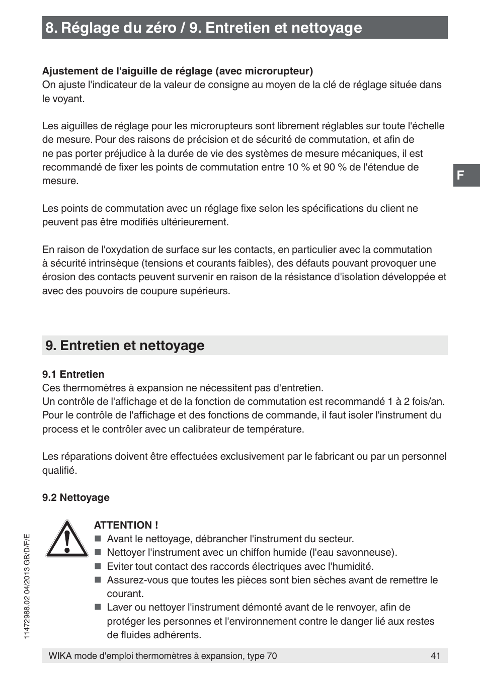 Réglage du zéro / 9. entretien et nettoyage, Entretien et nettoyage | WIKA 70-8xx User Manual | Page 41 / 60