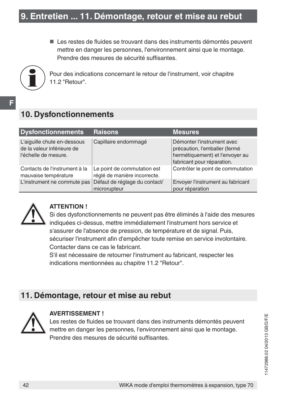 Entretien . démontage, retour et mise au rebut, Dysfonctionnements, Démontage, retour et mise au rebut | WIKA 70-8xx User Manual | Page 42 / 60
