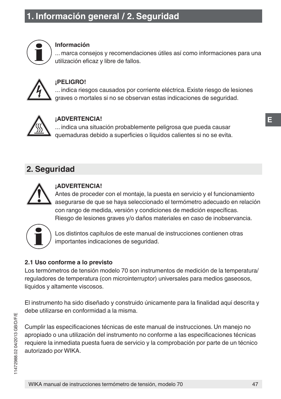 Información general / 2. seguridad, Seguridad | WIKA 70-8xx User Manual | Page 47 / 60