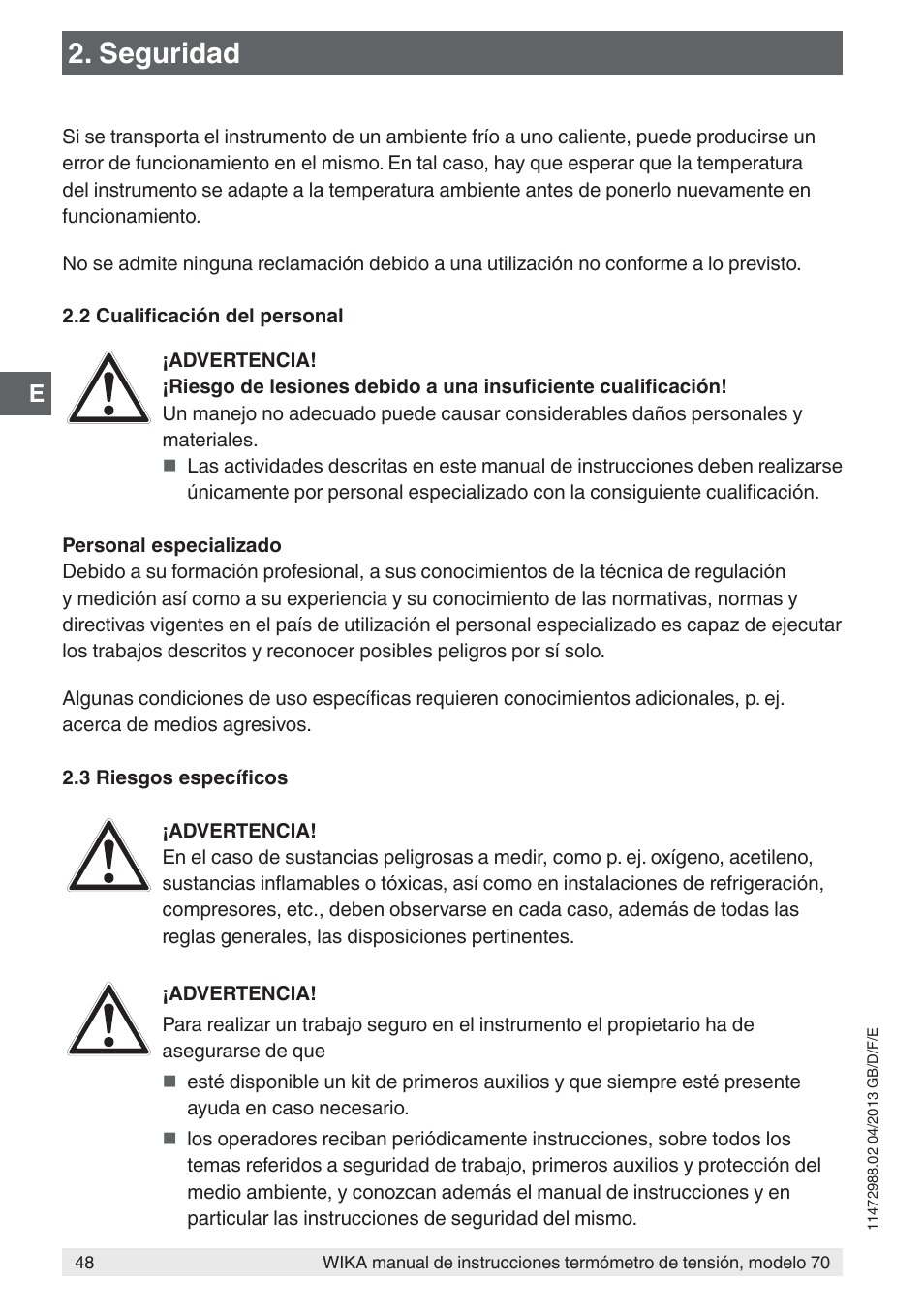 Seguridad | WIKA 70-8xx User Manual | Page 48 / 60