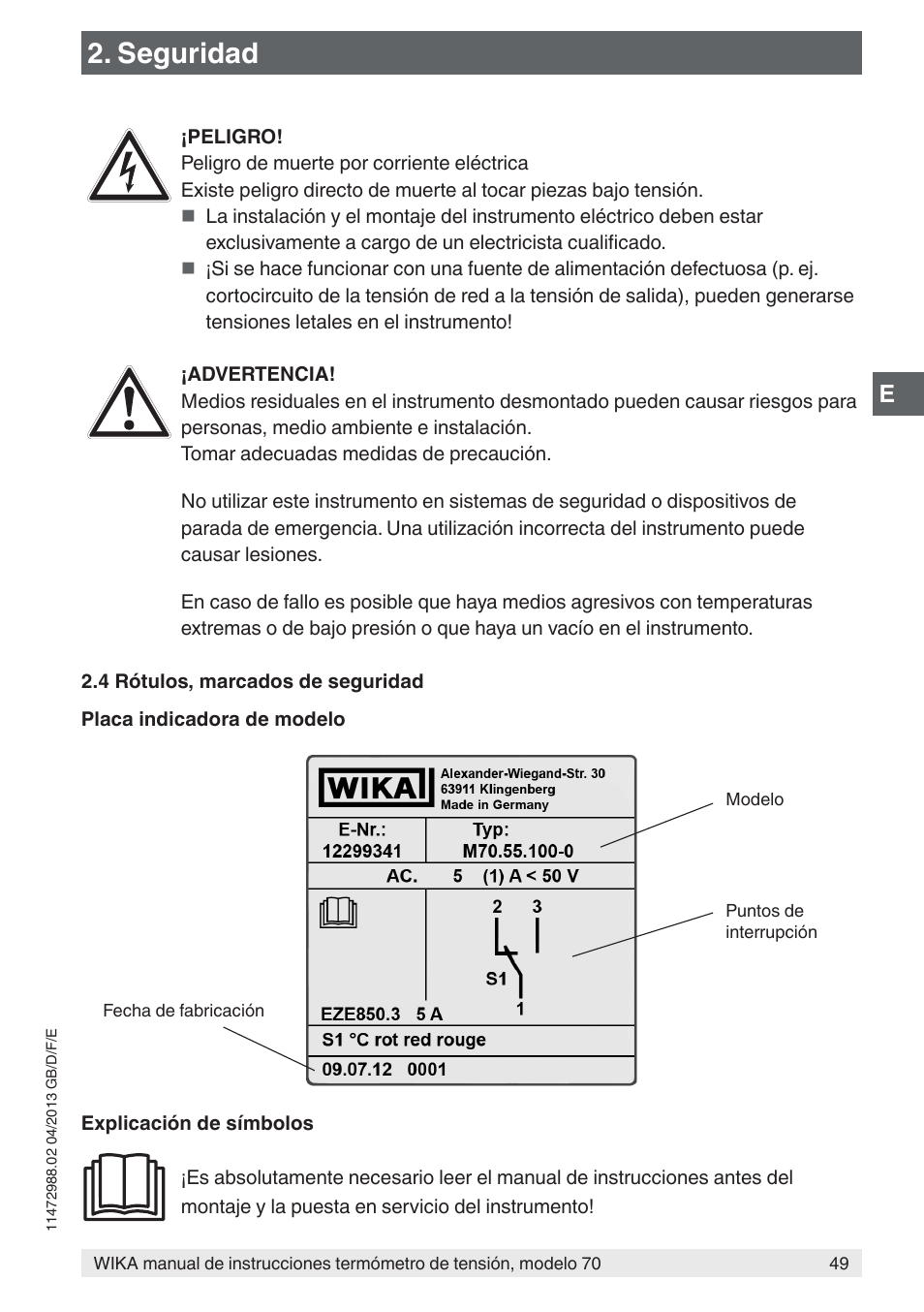 Seguridad | WIKA 70-8xx User Manual | Page 49 / 60