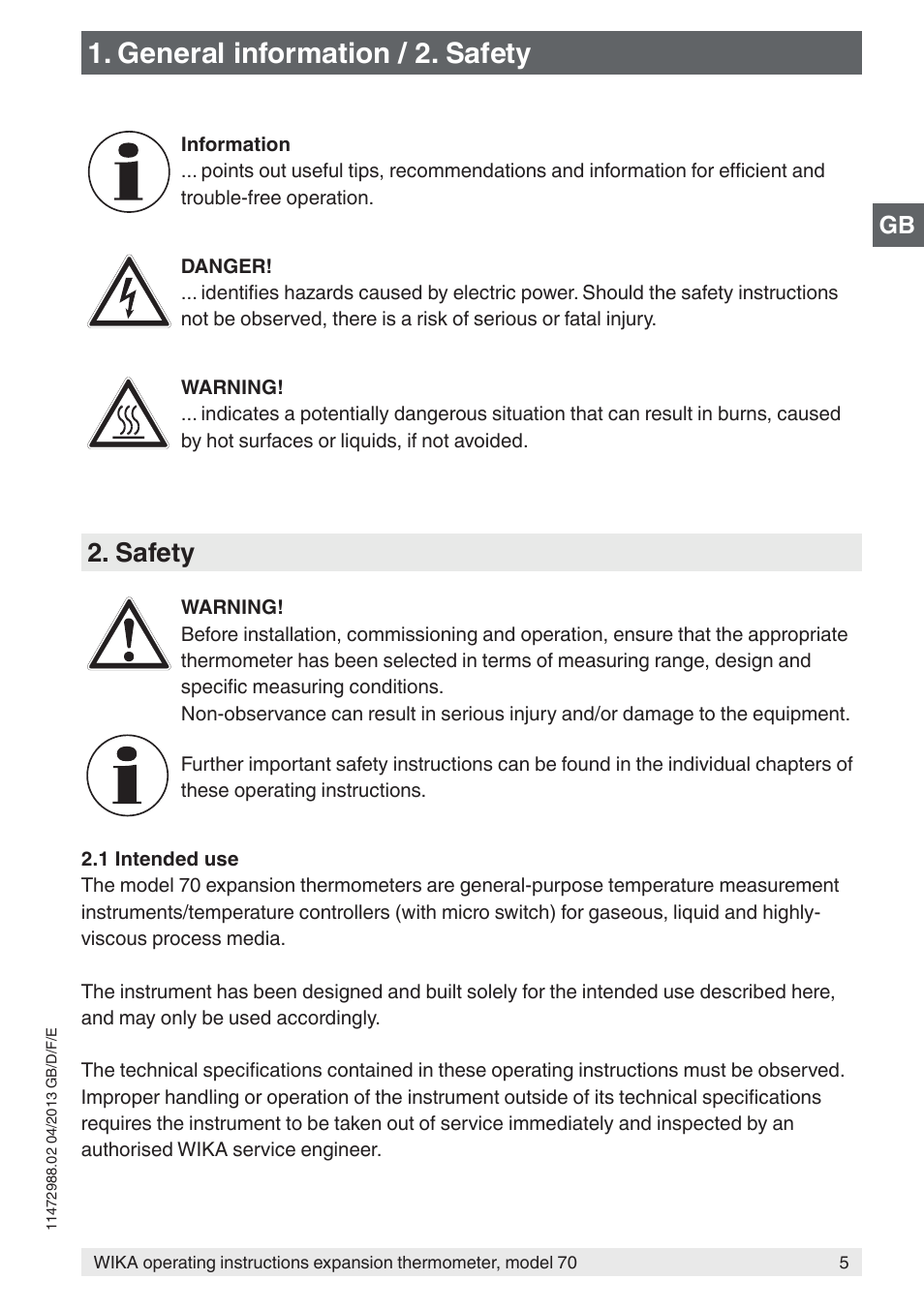 General information / 2. safety, Safety | WIKA 70-8xx User Manual | Page 5 / 60