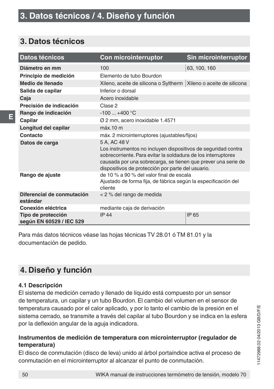 Datos técnicos / 4. diseño y función, Datos técnicos, Diseño y función | WIKA 70-8xx User Manual | Page 50 / 60