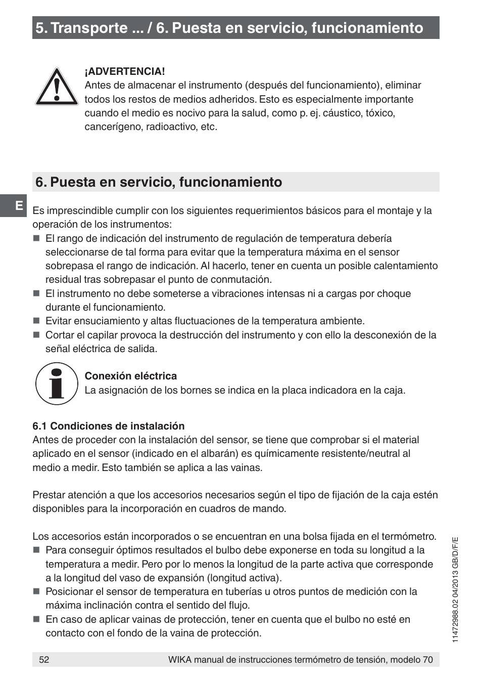 Puesta en servicio, funcionamiento | WIKA 70-8xx User Manual | Page 52 / 60