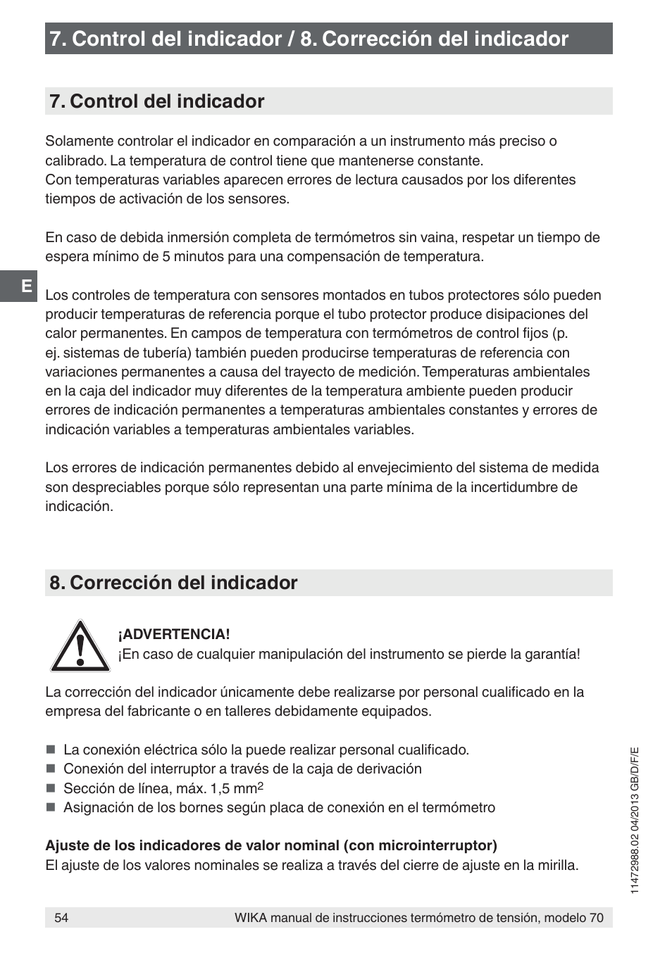 Control del indicador, Corrección del indicador | WIKA 70-8xx User Manual | Page 54 / 60