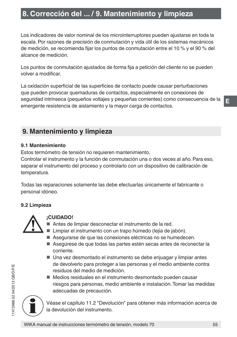 Corrección del ... / 9. mantenimiento y limpieza, Mantenimiento y limpieza | WIKA 70-8xx User Manual | Page 55 / 60