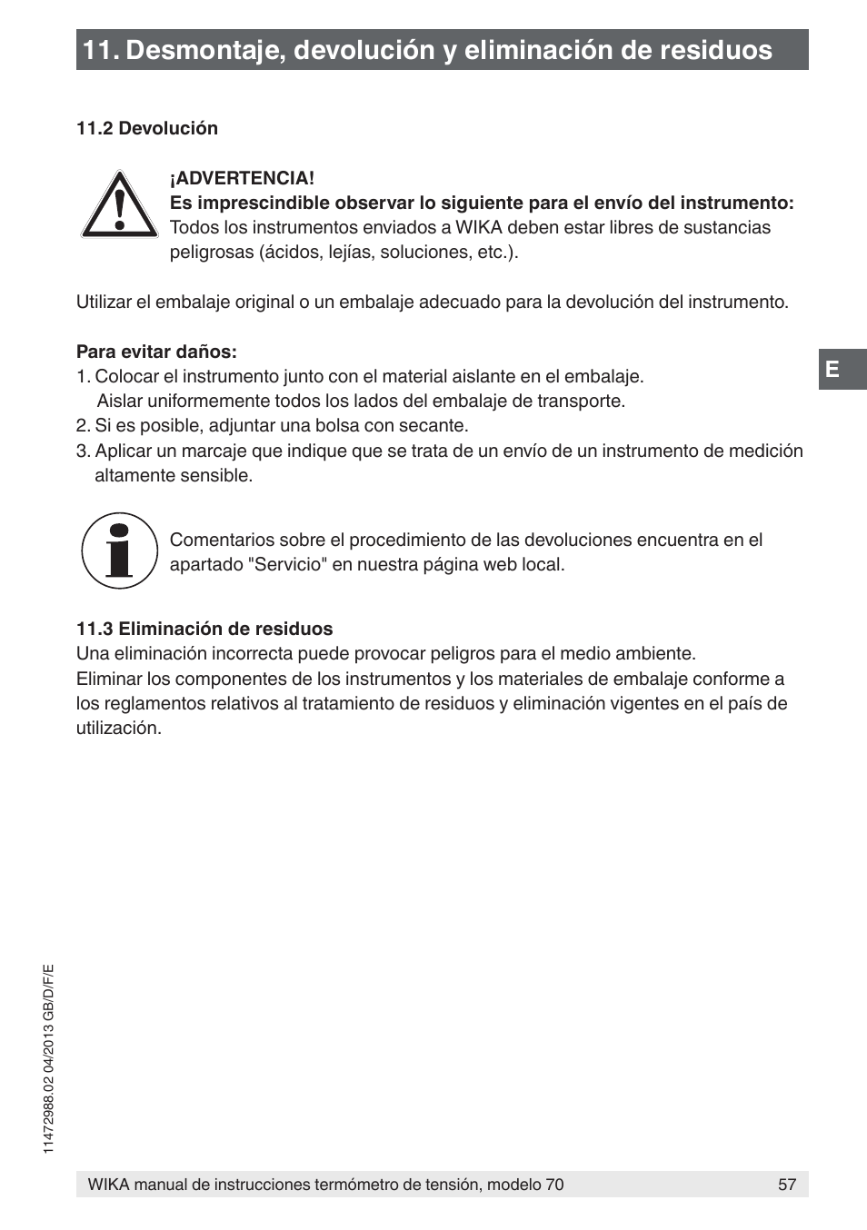 Desmontaje, devolución y eliminación de residuos | WIKA 70-8xx User Manual | Page 57 / 60