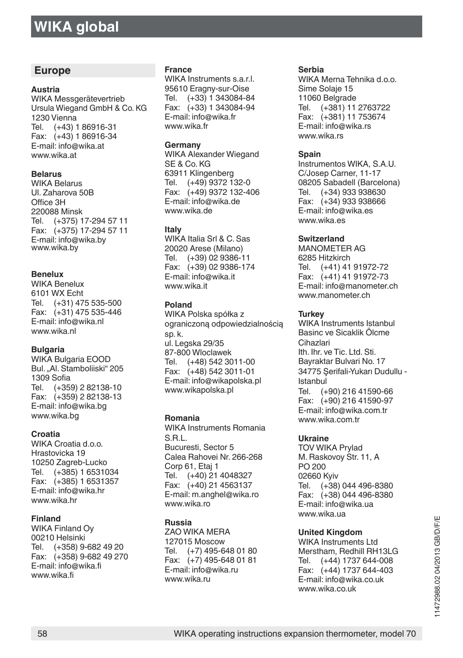 Wika global, Europe | WIKA 70-8xx User Manual | Page 58 / 60