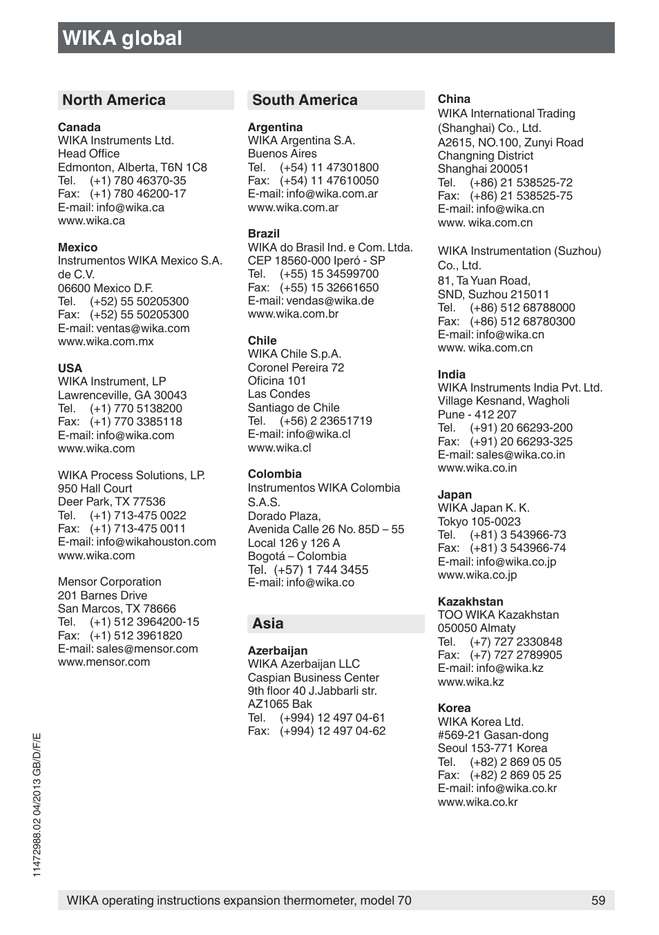 Wika global, North america, South america | Asia | WIKA 70-8xx User Manual | Page 59 / 60