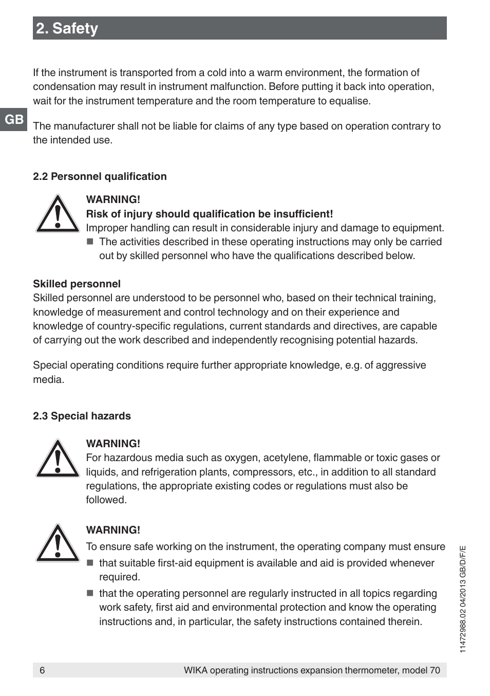 Safety | WIKA 70-8xx User Manual | Page 6 / 60