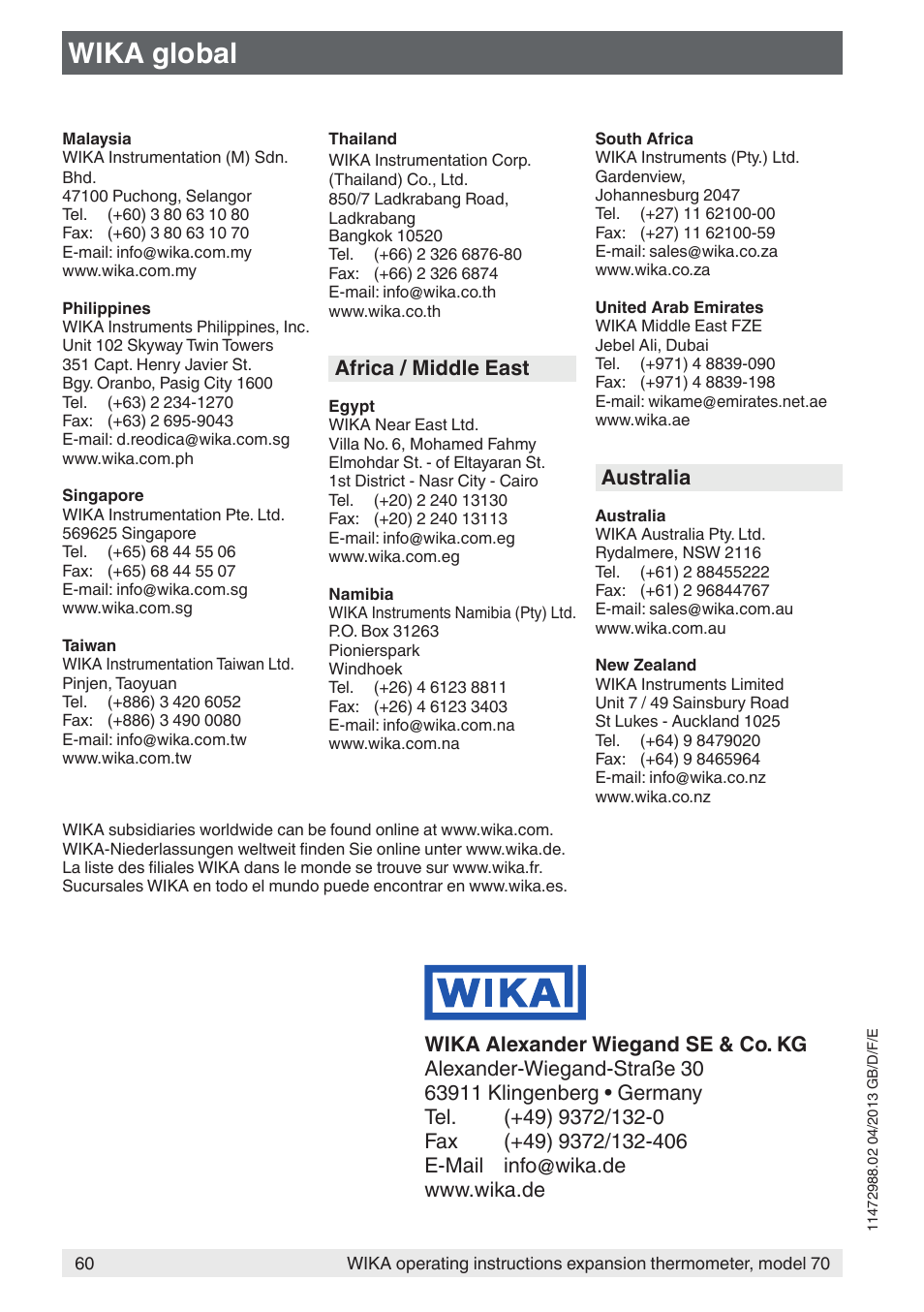 Wika global, Africa / middle east, Australia | WIKA 70-8xx User Manual | Page 60 / 60