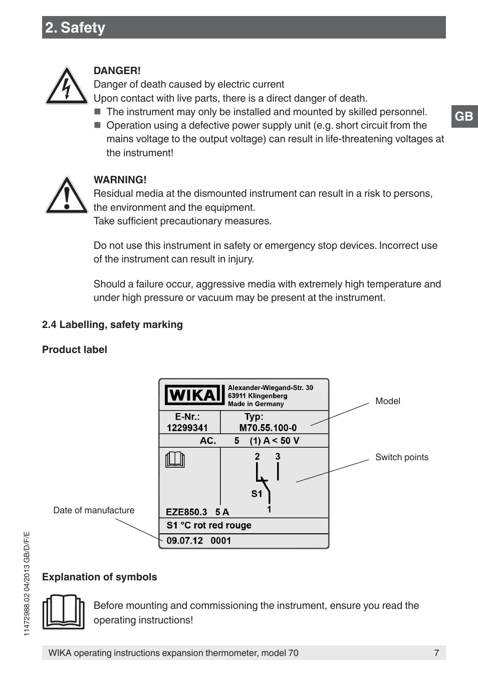 Safety | WIKA 70-8xx User Manual | Page 7 / 60