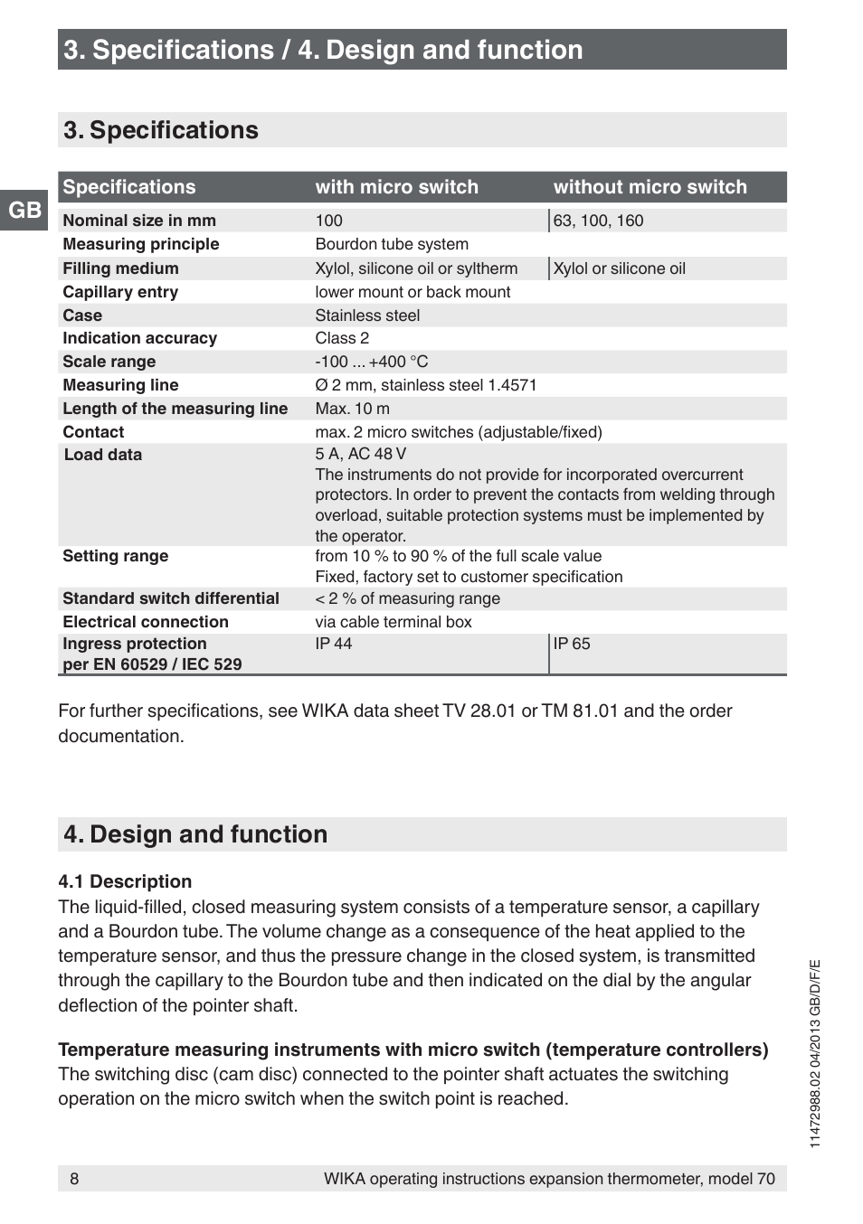 Specifications / 4. design and function, Specifications, Design and function | WIKA 70-8xx User Manual | Page 8 / 60