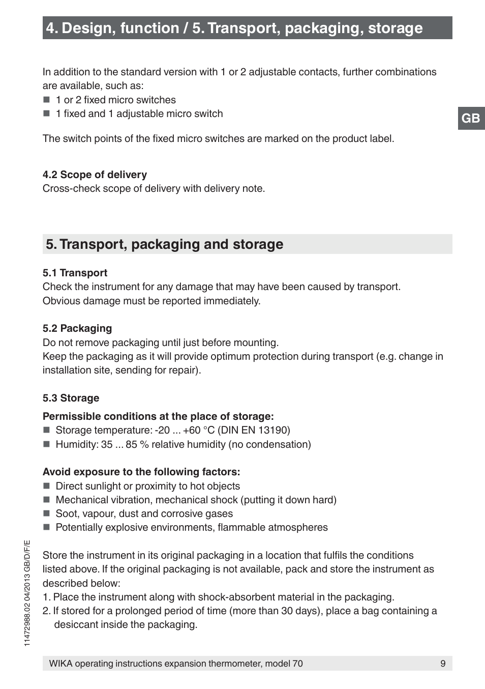 Transport, packaging and storage | WIKA 70-8xx User Manual | Page 9 / 60