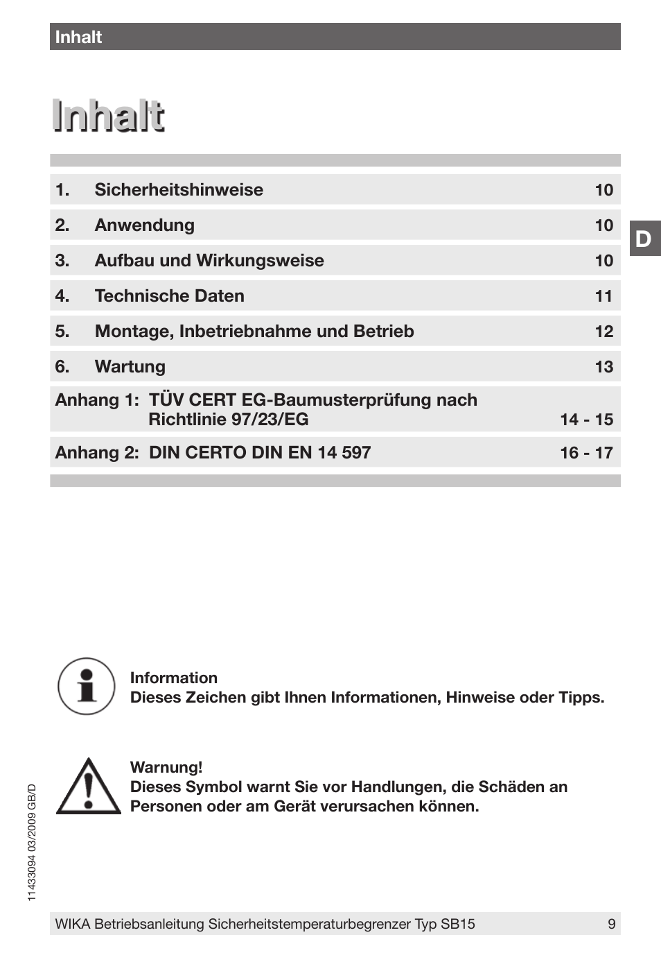 Inhalt | WIKA SB15 User Manual | Page 9 / 20