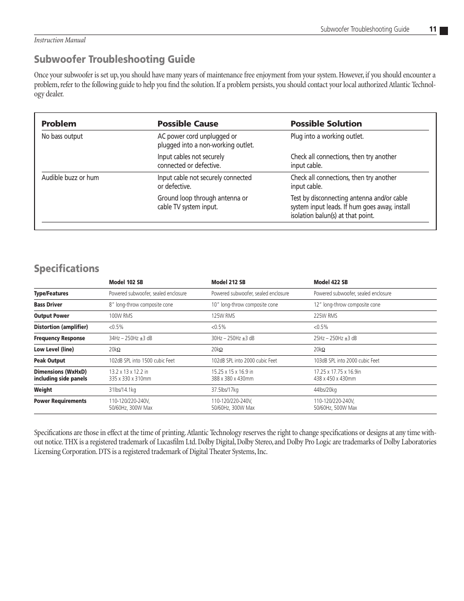 Subwoofer troubleshooting guide, Speciﬁcations | Atlantic Technology 102 SB User Manual | Page 11 / 12