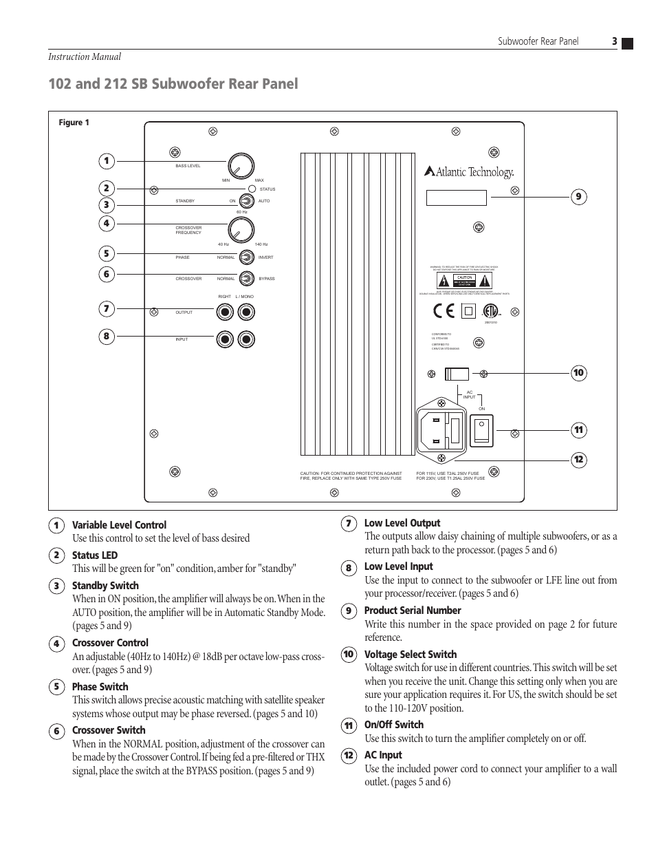 Use this control to set the level of bass desired, 3 instruction manual subwoofer rear panel, Low level output | Low level input, Product serial number, Voltage select switch, On/off switch, Ac input, Variable level control, Status led | Atlantic Technology 102 SB User Manual | Page 3 / 12