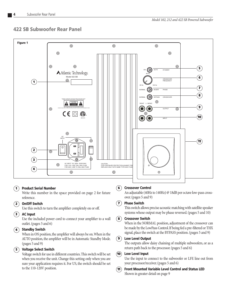 422 sb subwoofer rear panel, Shown in greater detail on page 9, Crossover control | Phase switch, Crossover switch, Low level output, Low level input, Product serial number, On/off switch, Ac input | Atlantic Technology 102 SB User Manual | Page 4 / 12